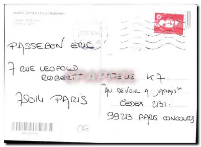 Cannes — widok plaży, hotelu Carlton i portu — wydawca Téma — Rewers
