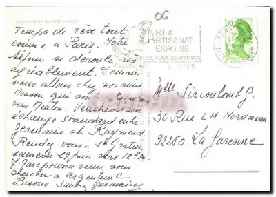 Côte d'Azur — Nice, Antibes, Cannes, Juan les Pins — Uitgever Art & Artisanat Expo 85 — Achterkant