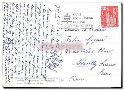 Szwajcarskie góry — Matterhorn, Rhinefall, Eiger, Jungfrau, Mont-Blanc, lodowce — wydawca nieznany, numer serii nie widoczny — Rewers