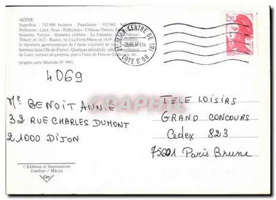 AISNE 02 — Carta turística com mapa e fotos de locais — Éditions et Impressions Comblér / Mâcon — Verso