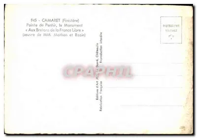 Ponta de Penhir, o Monumento « Aux Bretons de la France Libre » — obra dos senhores Mathon e Bazin — Edições d'Art JCS, Châteauvin — Verso