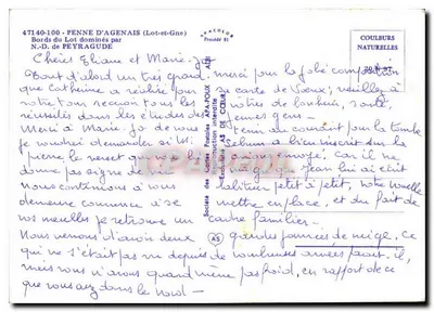 Margens do Lot dominadas pela Nossa Senhora de Peyragude — Lot-et-Garonne — editor N.D. de Peyragude, n° 47140-100 — Verso
