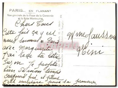 Nowoczesna pocztówka Paryż, spacer, ogólny widok Placu Concordii i Wzgórza Montmartre — Rewers