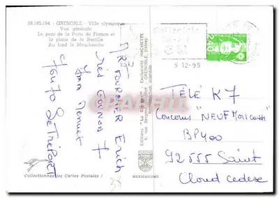 Grenoble - Miasto olimpijskie — Ogólny widok mostu Porte de France i placu Bastille, w tle dolina Mouchèreotte — Wydawnictwo Hachette — Rewers