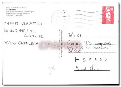 Grenoble — ogólny widok z teleferykiem, tramwajem, nabrzeżami i starym Grenoble — Wydawnictwo FLEURS-RTES — Rewers