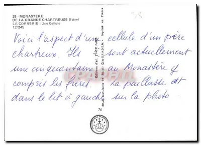 Mosteiro da Grande Chartreuse — Celula de um monge cartusiano — Edições d'arte Yvon — Verso
