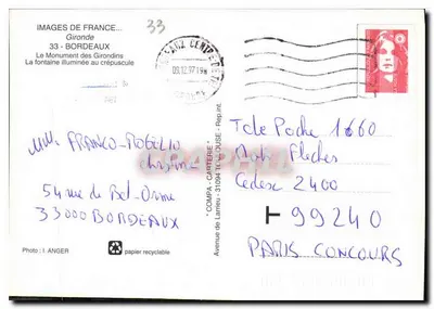 Fontaine dos Girondins — Bordeaux — Editor: COMPA-CARTERIE, n°33 — Verso