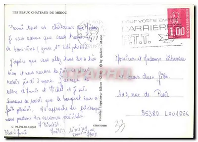 Os Belos Castelos do Médoc — Carta postal turística com mapa e fotos de castelos — Verso