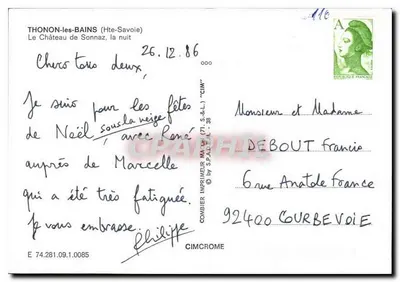 Thonon-les-Bains — Zamek Sonnaz w nocy — wydawca CIMBROME — Rewers