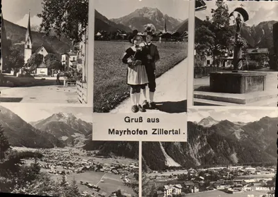 Mayrhofen Zillertal — vista panorâmica, casal em traje local, estátua, editor H. MAIDLET n° 305
