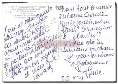 Las Gorges de l'Ardeche — Vivarais — Editor ADIA, n° 70659 — Reverso