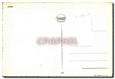 Izmir — panoramiczny widok z meczetem, ruinami, jeziorem i hotelem — wydawca TİCARET KARTPOSTALARI — Rewers