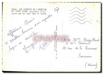 As Gorges da Ardèche — Ponte d'Arc (abertura de 55 m.) — Les Éditions L. Cellard, Bron (Rhône) n° 70654 — Verso