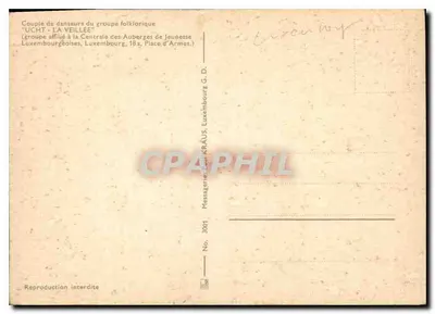 Casais de dançarinos do grupo folclórico 'UCHT - LA VEILLEE' — Luxemburgo — editor Kraus, n° 3001 — Verso
