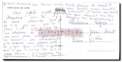 Winter in de Alpen — uitzicht op sneeuwdekkend dorp met kerk — uitgever Minicolor, n° 2739 — Achterkant
