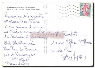 Club Méditerranée Monetier-les-Bains — vue aérienne des installations — IMPRIMÉ SUR LA CARTE — Verso