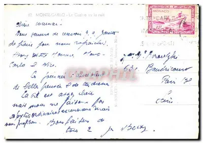 Monte-Carlo - Widok kasyna z nocy — Wydawnictwo N. Nillier, nr 62 — Rewers