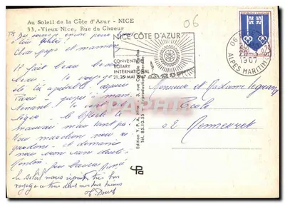 Rue Saint-Martin w Nice — widok na wieżę kościoła — Wydawnictwo Y. P. Nice, n° 85-10-35 — Rewers
