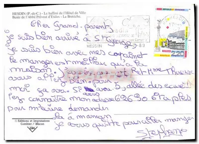 Hesdin — widok miasta i pomnika Abbé Prévosta — Wydawnictwo i Drukarnia Combier / Mâcon — Rewers
