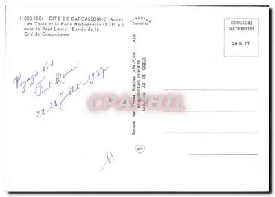 Stad Carcassonne — De torens en de Poort Narbonnese (13e eeuw) — Société des Cartes Postales APA-POUX — Achterkant