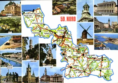 59. NORD — Carta postal turística com mapa rodoviário e fotos de locais — Repro Imprimeur Mâcon