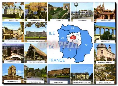 आइल-डे-फ्रांस — पर्यटक पोस्टकार्ड जिसमें मानचित्र और स्थानों के फोटो हैं — जीन-जॉर्स के कला संस्करण