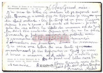 Bilhete postal moderno Casa de Repouso e de Convalescência de Vic sur Cere Cantal — Verso