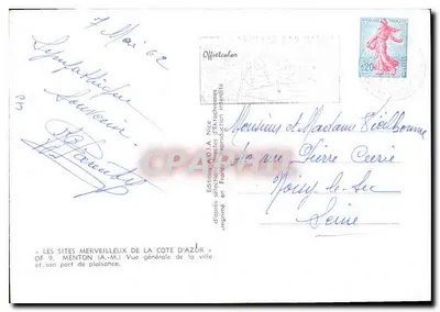 Menton (A.M.) — Ogólny widok miasta i jego portu wypoczynkowego — Wydawnictwo A.D.I.A. Nice, OF 9 — Rewers