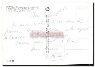 Grenoble — vista panorâmica com montanhas nevoadas, teleférico e ponte sobre o Drac — editor SPADEM, n° 38 AB 50 — Verso