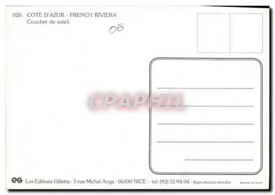 Côte d'Azur — zachód słońca — Les Editions Gilletta, n°026 — Rewers