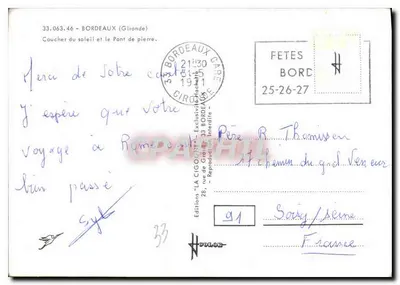 Bordeaux — zachód słońca i most kamieniany — wydawnictwo 'LA CIGOGNE' — Rewers