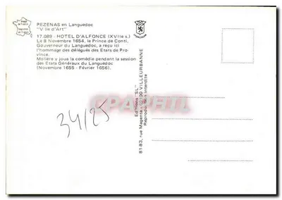 Pézenas na Languedoc — Hotel d'Alfonse (século XVII) — Edições 'Ville d'Art' — Verso