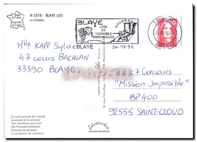 Blaye - Cidade e Vignoble Histórico — Cartas Postais Hugo, n° 3578 — Verso