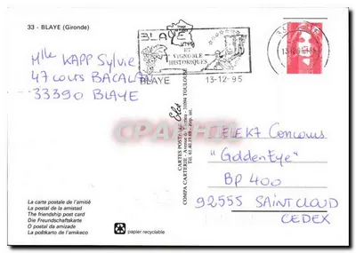 Blaye — Castelo e jardins — Cartes Postales Vignobles Historiques — Verso