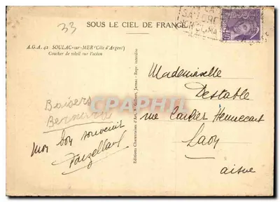 Zachód słońca nad oceanem — Pod niebem Francji — A.G.A. 42, SoulaC-sur-MER (Côte d'Argent) — Wydawnictwo Charentais d'Art, A. Gilbert, Jarnac — Rewers