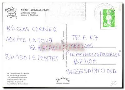 O Palácio de Justiça — Bordeaux — Editora Élécécolon, n° 5259 — Verso