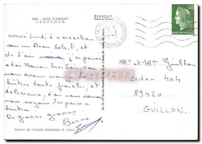 Arcachon — estação balnear nas margens de um grande lago e protegida por uma floresta de pinheiros, centro de férias e esportes náuticos, na costa de prata — editor D.L. 72 — Verso