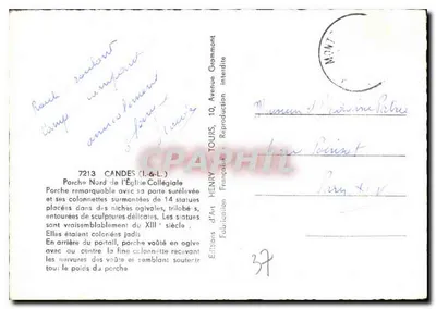 Pórtico norte da Igreja Colegiada de Candé — Éditions d'Art Henry, n° 7213 — Verso
