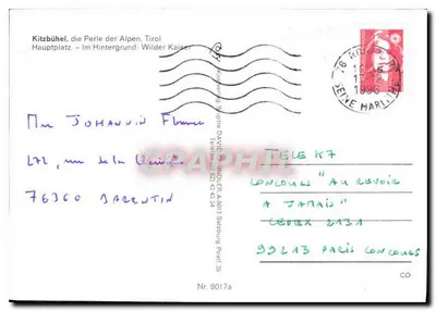Kitzbühel — widok z głównego placu z kościołem i hotelu Reisch — wydawca Cosy, n° 9017a — Rewers