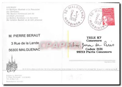 Lourdes — Basílica iluminada e procissão com tochas — Edição A. Doucet — Verso