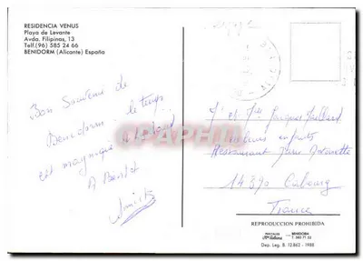 Residencia Venus — Benidorm, Espanha — editor Postales (Nº 12.862) — Verso