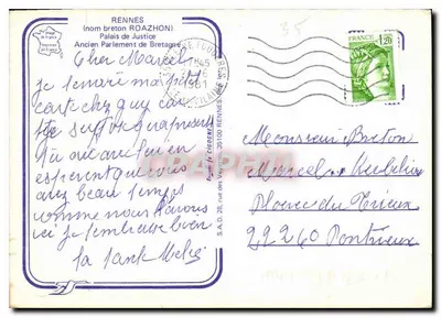 Rennes — Velho Palácio de Justiça (nome bretão ROAZHON) — Editor S.A.D. CIGOGNE — Verso