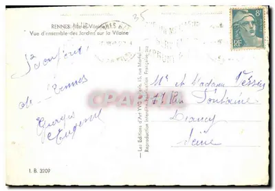 Rennes (miasto i Vilaine) — ogólne widok ogrodów nad Vilaine — Les Éditions d'Art YVC, Paryż — Rewers