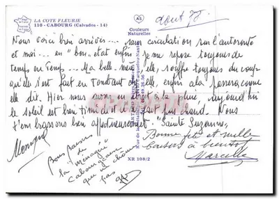 Cabourg - Plaża Kwiatów — widok z lotu i trzy miniaturki (Kasyno, Plaża, Wielki Hotel) — wydawca Couleurs Naturelles, nr XR 108/2 — Rewers