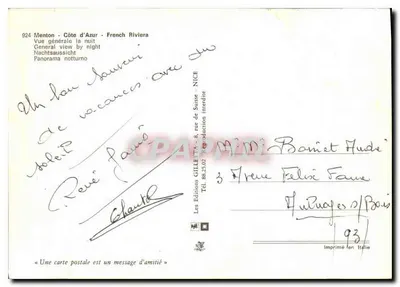 Menton - Półwysip Azorski - Riviera Francuska — Widok ogólny w nocy — Wydawnictwo GILLETTA — Rewers