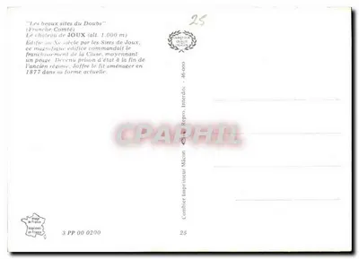 O Castelo de Joux — Vista geral, porta de honra, cela, sala de armas, grande poço — editor Combier Impressor Mâcon — Verso