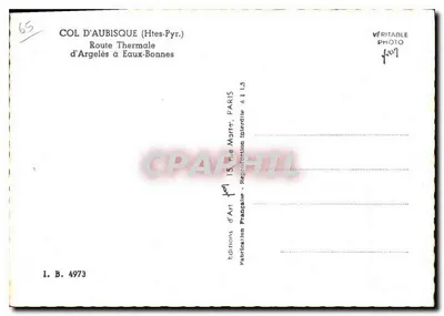 Col d'Aubisque — Szlak Termiczny z Argelès do Eaux-Bonnes — Éditions d'Art, Paryż — Rewers