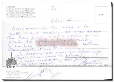 Lourdes — Statua Najświętszej Maryi Panny w jaskini — Wydawnictwo A. DOUCET — Rewers