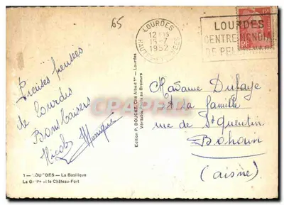 Lourdes — Pamiątka z Lourdes — Wydawnictwo P. DOUCET, Cité Albert 1er, Lourdes — Rewers