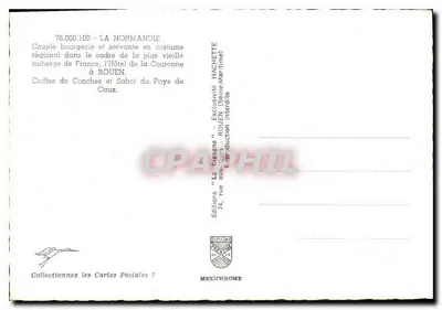 Bourgeoisowie i służąca w strojach regionalnych — Hotel de la Couronne w Rouen — Wydawnictwo 'La Cigogne' — Rewers